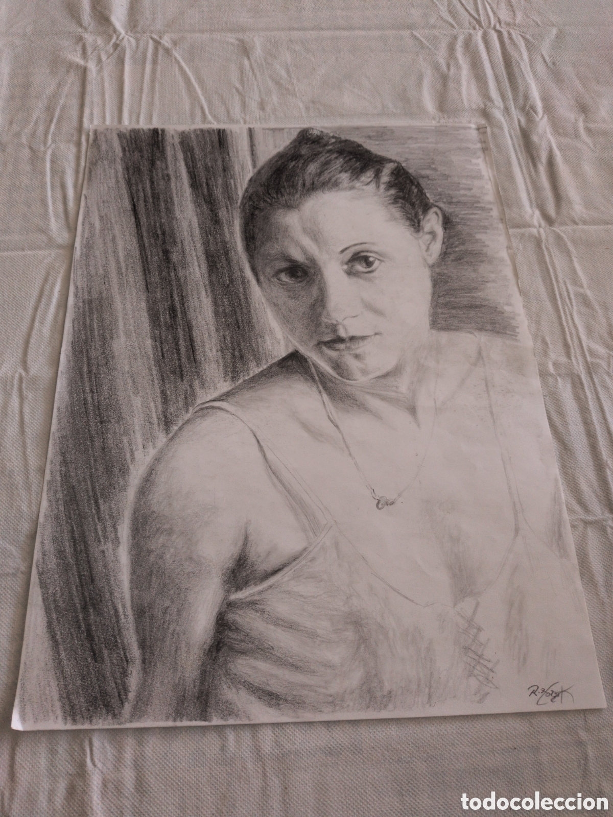 Arte: Antiguo dibujo original hecho a l&aacute;piz de mujer. Firmado por autor