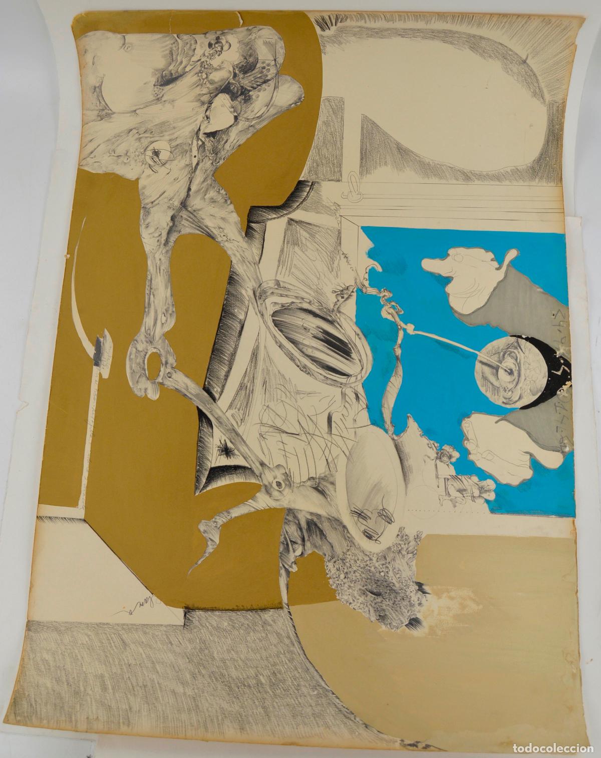 Arte: Obra surrealista, t&eacute;cnica mixta, 1970, Ribes de Freser, artista por identificar. 100x70cm