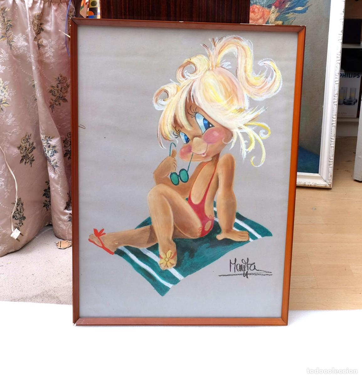 Arte: Gran dibujo pintado con pastel sobre cartulina . Enmarcado con cristal mate. Firmado Marita. A&ntilde;os 70