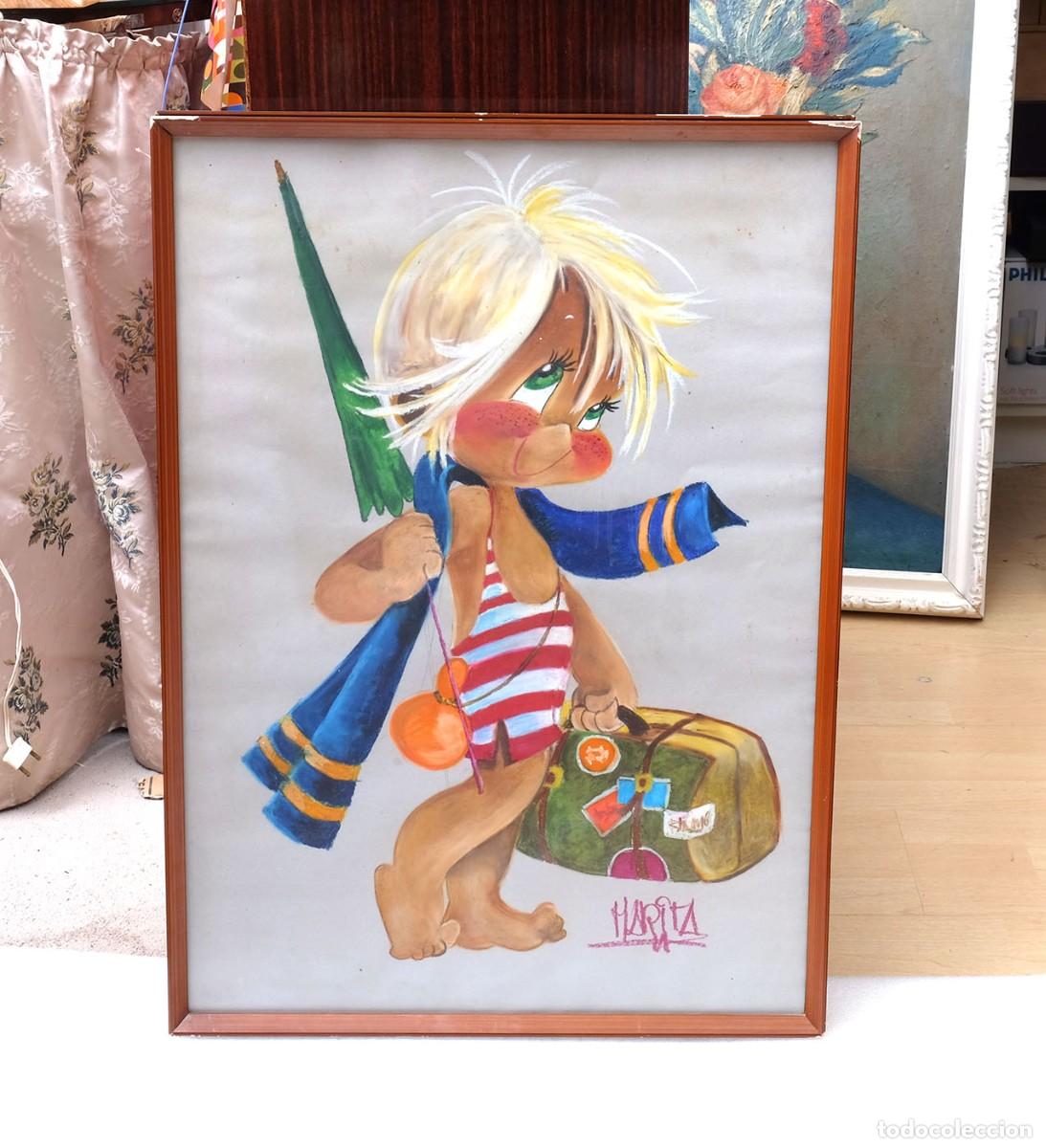 Arte: Gran dibujo pintado con pastel sobre cartulina . Enmarcado con cristal mate. Firmado Marita. A&ntilde;os 70