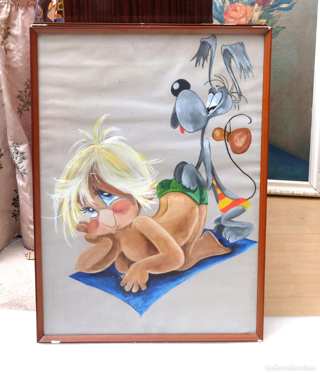 Arte: Gran dibujo pintado con pastel sobre cartulina . Enmarcado con cristal mate. A&ntilde;os 70