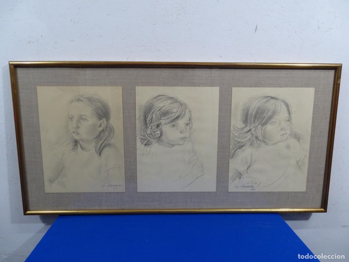 Arte: 3 DIBUJOS GABRIEL AMAT. RETRATOS NI&Ntilde;AS 1964.