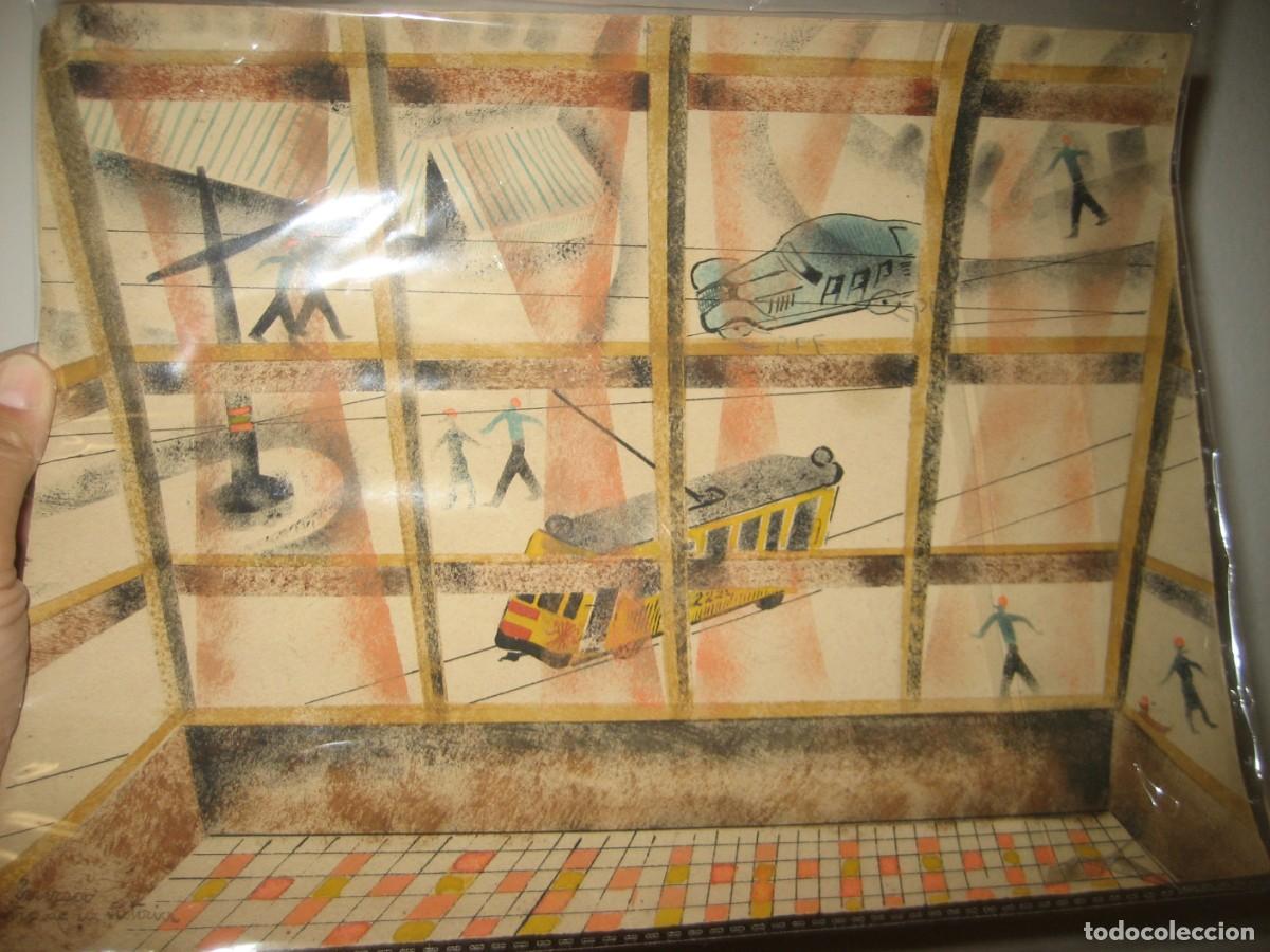 Arte: bonito dibujo A&ntilde;o de la Victoria 1939 . Vistas desde una ventana tranvia y personas con uniforme