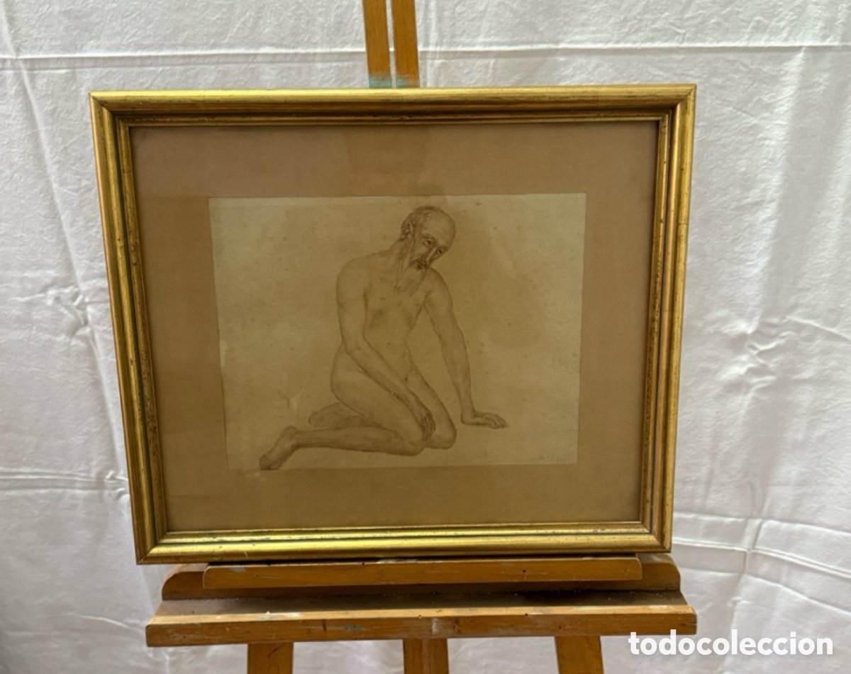 Arte: Mari&agrave; Pidelaserra i Brias (1877-1946) dibujo acad&eacute;mico masculino desnudo firmado 1935.