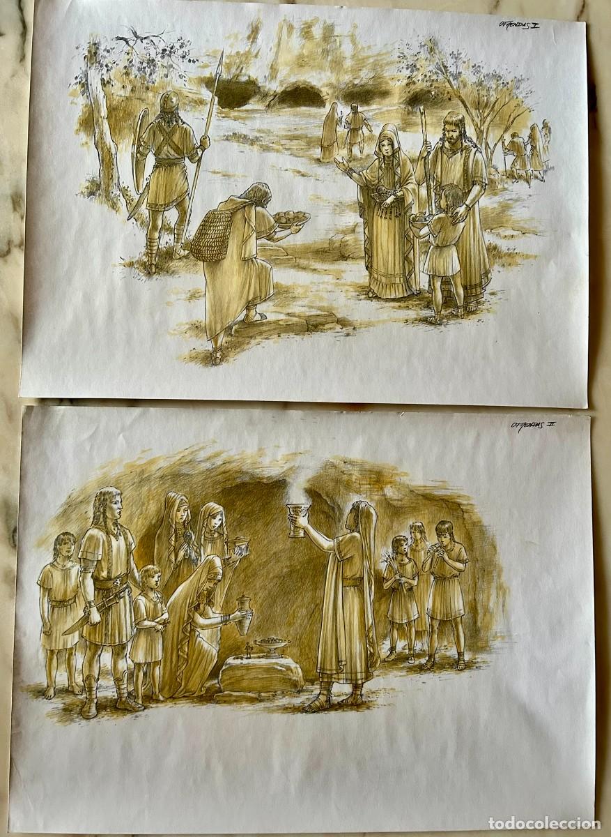 Arte: 2 DIBUJOS ORIGINALES ILUSTRACI&Oacute;N HIST&Oacute;RICA OFRENDAS &Iacute;BEROS CUEVA DE LA LOBERA - CASTELLAR JA&Eacute;N