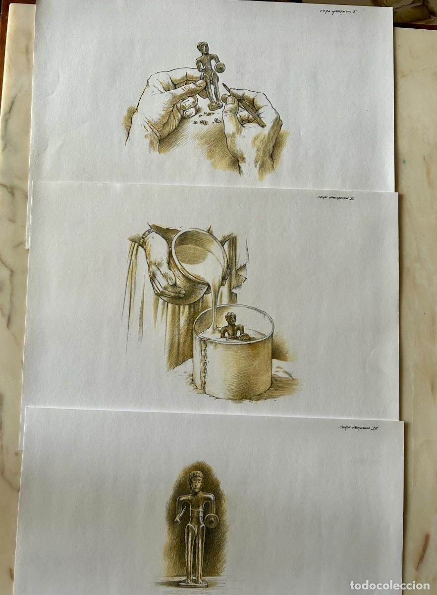 Arte: 3 DIBUJOS ORIGINALES ILUSTRACI&Oacute;N HIST&Oacute;RICA EXVOTOS IB&Eacute;RICOS A LA CERA PERDIDA