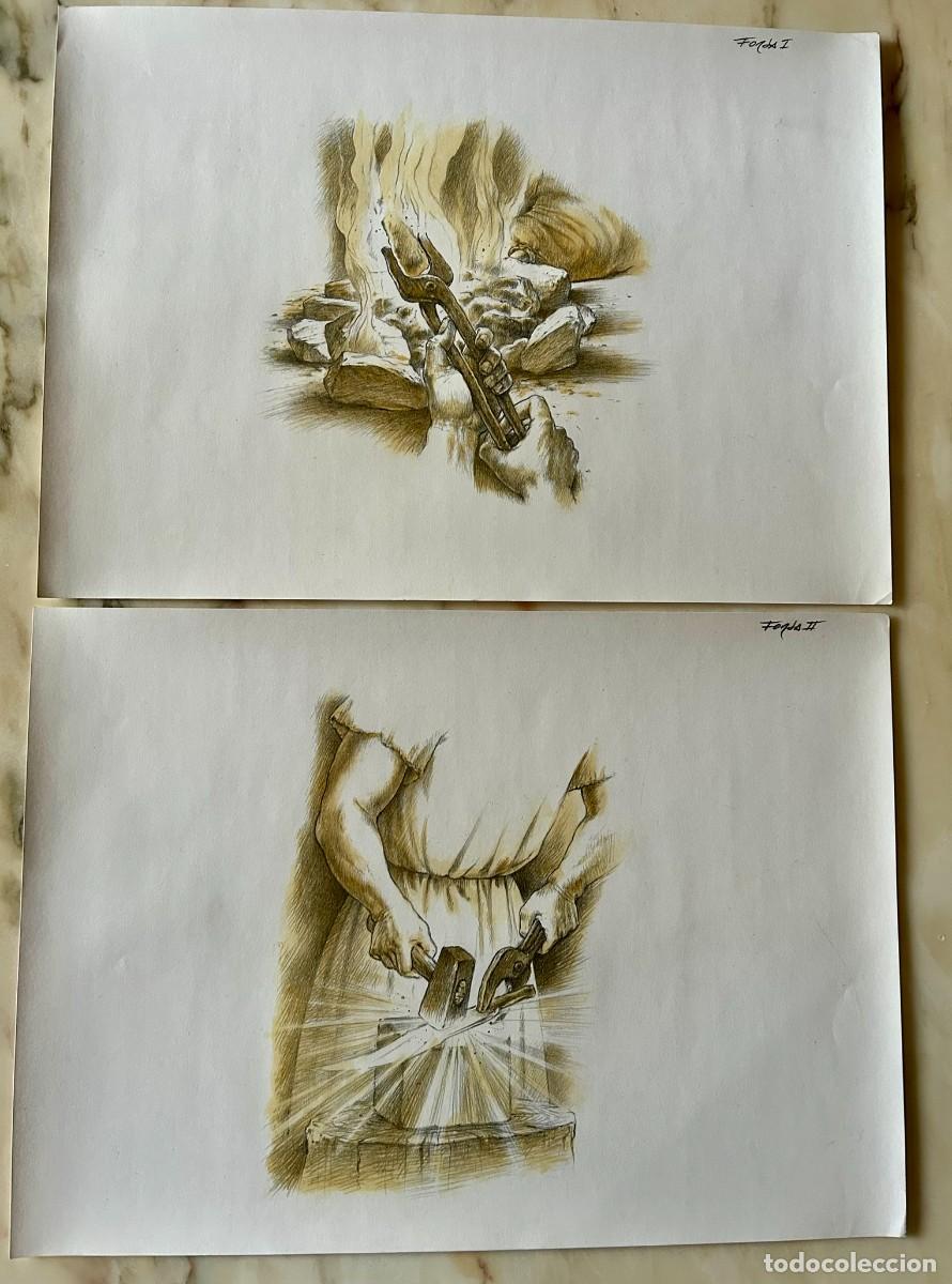 Arte: 2 DIBUJOS ORIGINALES ILUSTRACI&Oacute;N HIST&Oacute;RICA ARTE IB&Eacute;RICO - TRABAJO DE LA FORJA
