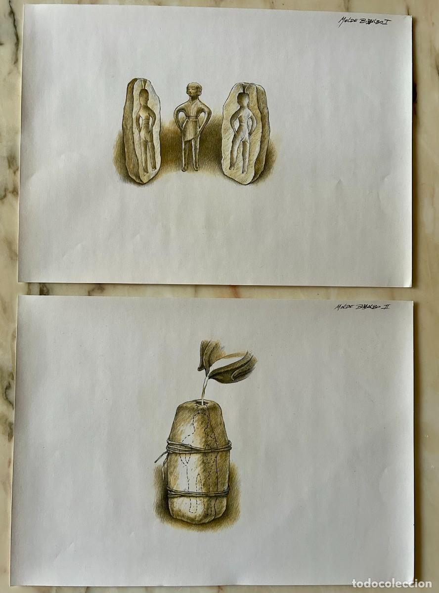 Arte: 2 DIBUJOS ORIGINALES ILUSTRACI&Oacute;N HIST&Oacute;RICA EXVOTOS IB&Eacute;RICOS FUNDICI&Oacute;N CON MOLDES BIVALVOS