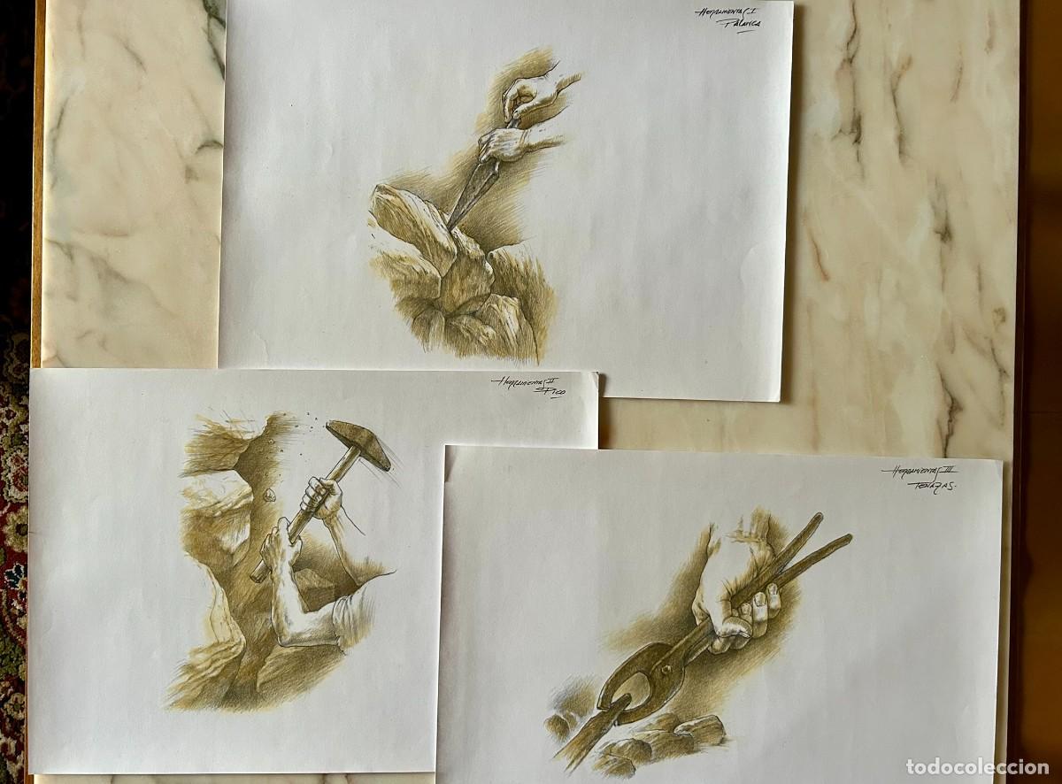 Arte: 2 DIBUJOS ORIGINALES ILUSTRACI&Oacute;N HIST&Oacute;RICA ARTE IB&Eacute;RICO HERRAMIENTAS PARA EXTRACCI&Oacute;N DE MATERIALES