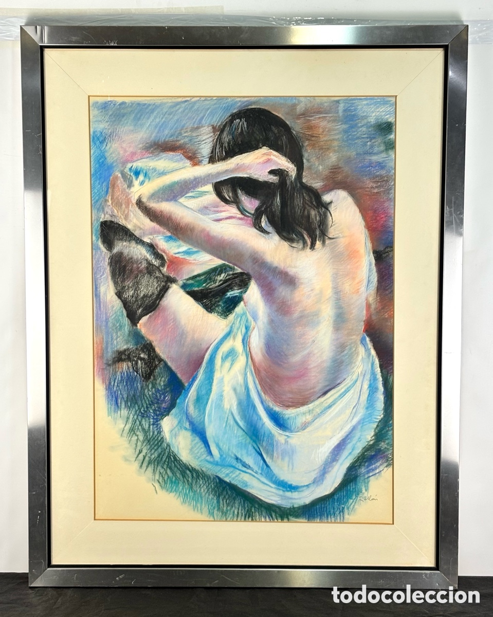 Arte: JORDI ROLL&Aacute;N - CHICA SEMI DESNUDA DE ESPALDA - DIBUJO A CERAS - 93 X 65 CM