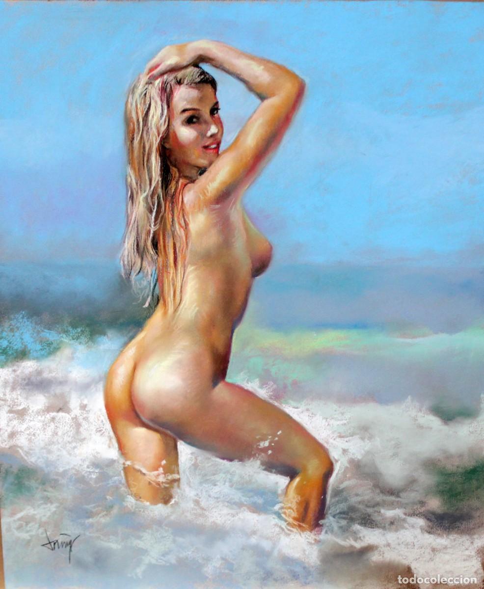 Arte: DOMINGO ALVAREZ GOMEZ (1942) DIBUJO A PASTEL. BA&Ntilde;O VERANIEGO