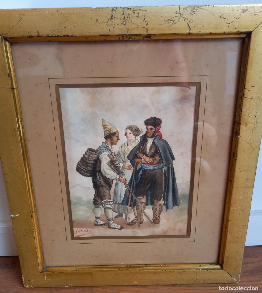 Arte: ACUARELA CON TRES PERSONAJES CON VESTIDOS TRADICIONALES -A.SENDRA 94