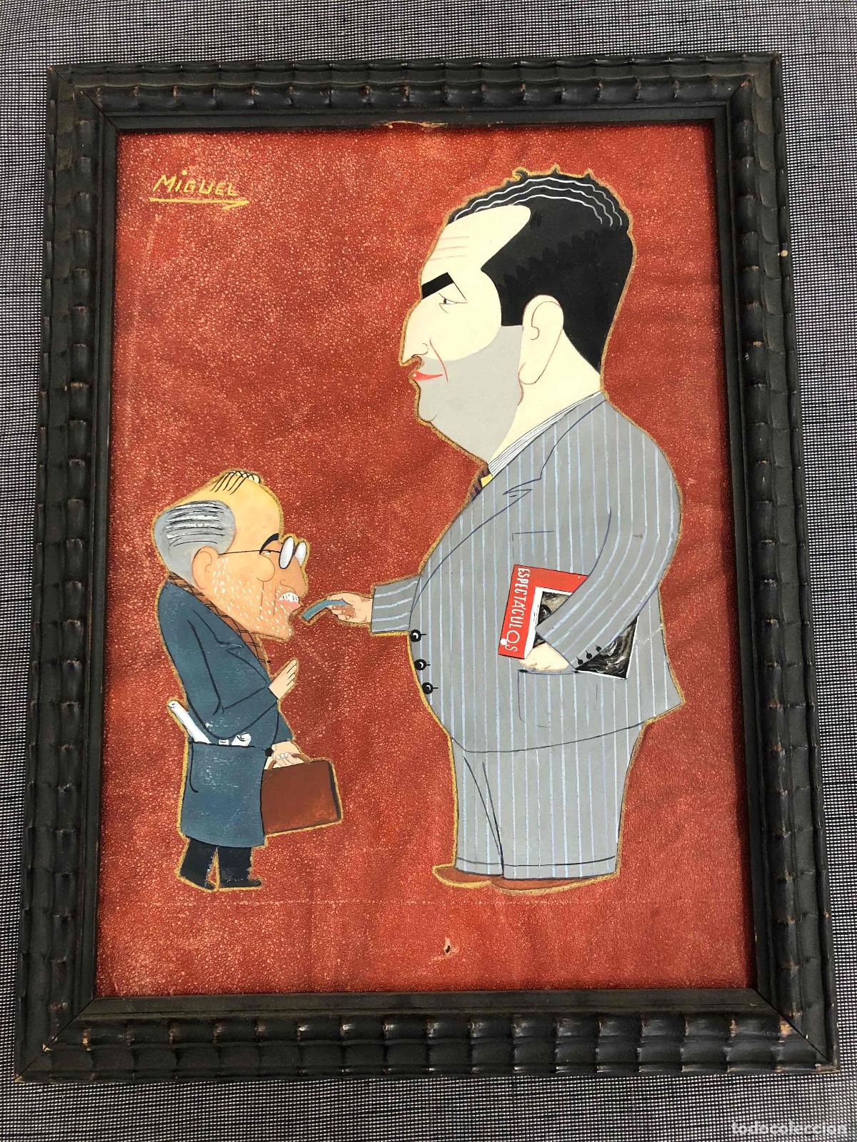 Arte: DIBUJO CARICATURESCO REALIZADO EN GOUACHE SOBRE TELA. FIRMADO MIGUEL, C.1940. ESCUELA ESPA&Ntilde;OLA
