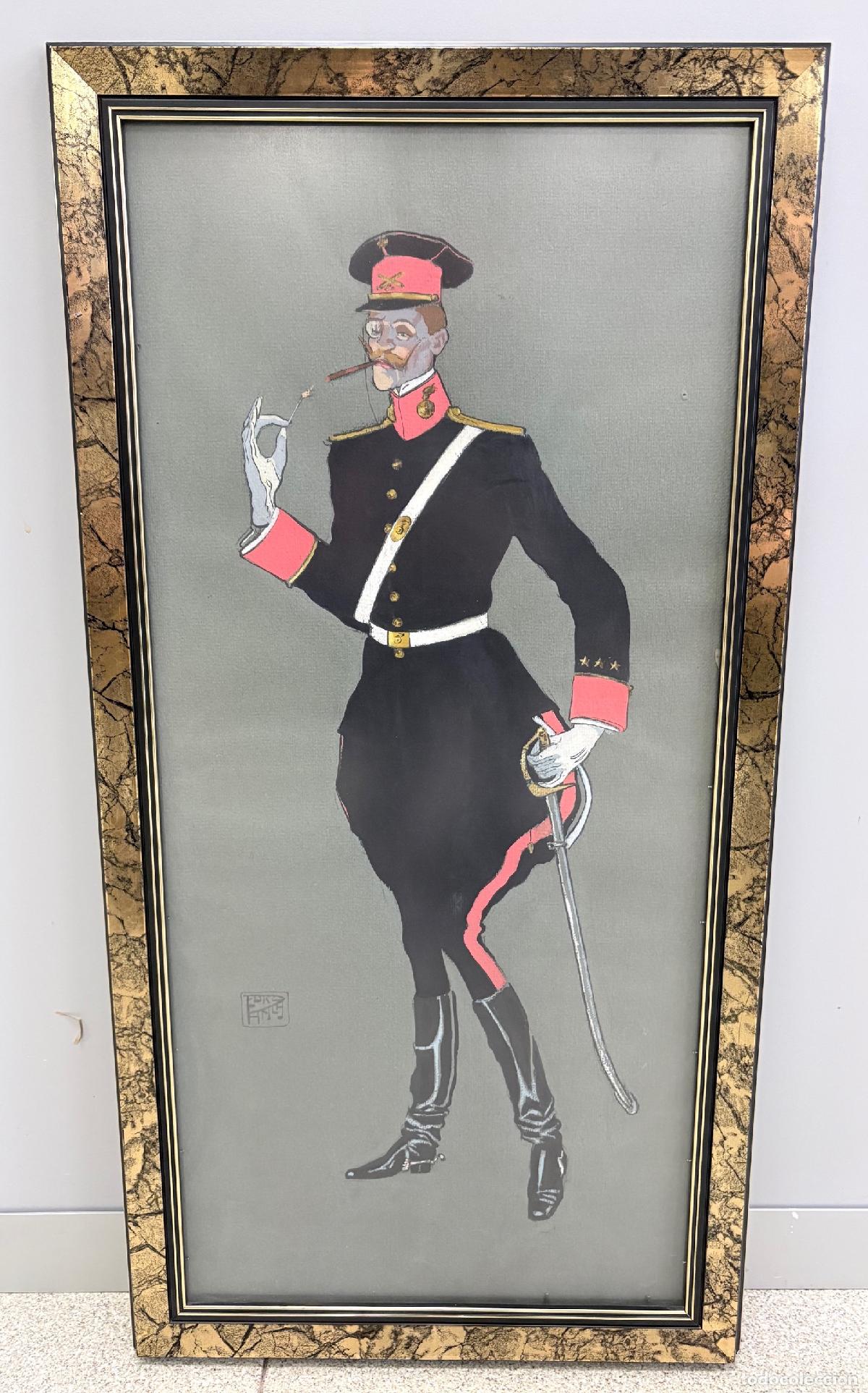 Arte: CARICATURA AL GOUACHE DE OFICIAL DE ARTILLER&Iacute;A CON CIGARRO. CES&Aacute;REO VILLAR (KARIKATO), C. 1910