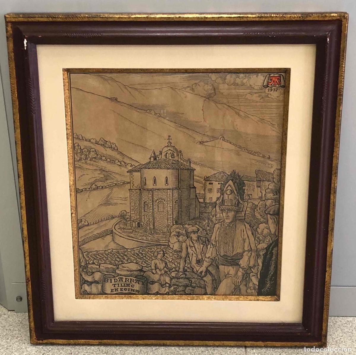 Arte: DIBUJO PLUMILLA BIDARRAY, BAJA NAVARRA. REALIZADO POR EL ARTISTA PABLO TILLAC, A&Ntilde;O 1937