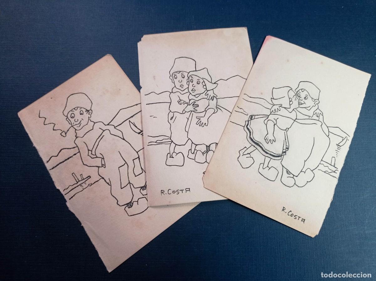 Arte: TRES DIBUJOS ORIGINALES ANTIGUOS. MOTIVOS HOLANDESES, NI&Ntilde;OS. CARICATURA. FIRMADOS R. COSTA. VER +++