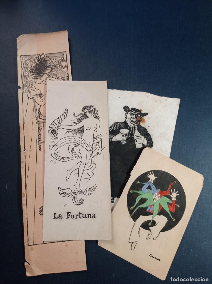 Arte: CUATRO DIBUJOS ANTIGUOS ORIGINALES. MUJER MODERNISTA. DIOSA FORTUNA. ARLEQU&Iacute;N. SACERDOTE. VER ++++