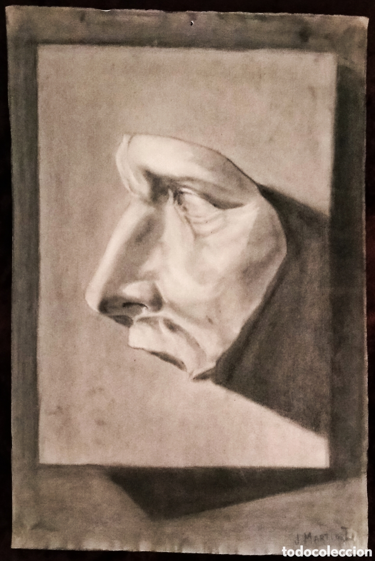 Arte: DIBUJO a CARBONCILLO / (REALISMO). * FRAGMENTO DE CARA DE ESTATUA *. FDO.: J. MARTIN T. (A&ntilde;os 50)
