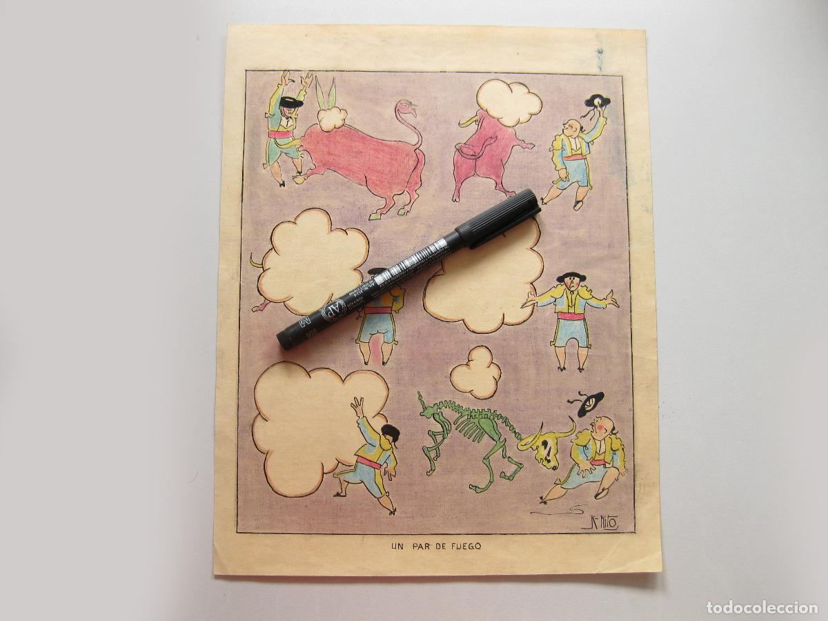 Arte: ANTIGUO DIBUJO ORIGINAL DE K-HITO. DIBUJANTE Y CARICATURISTA. VI&Ntilde;ETA DE HUMOR DE TOROS