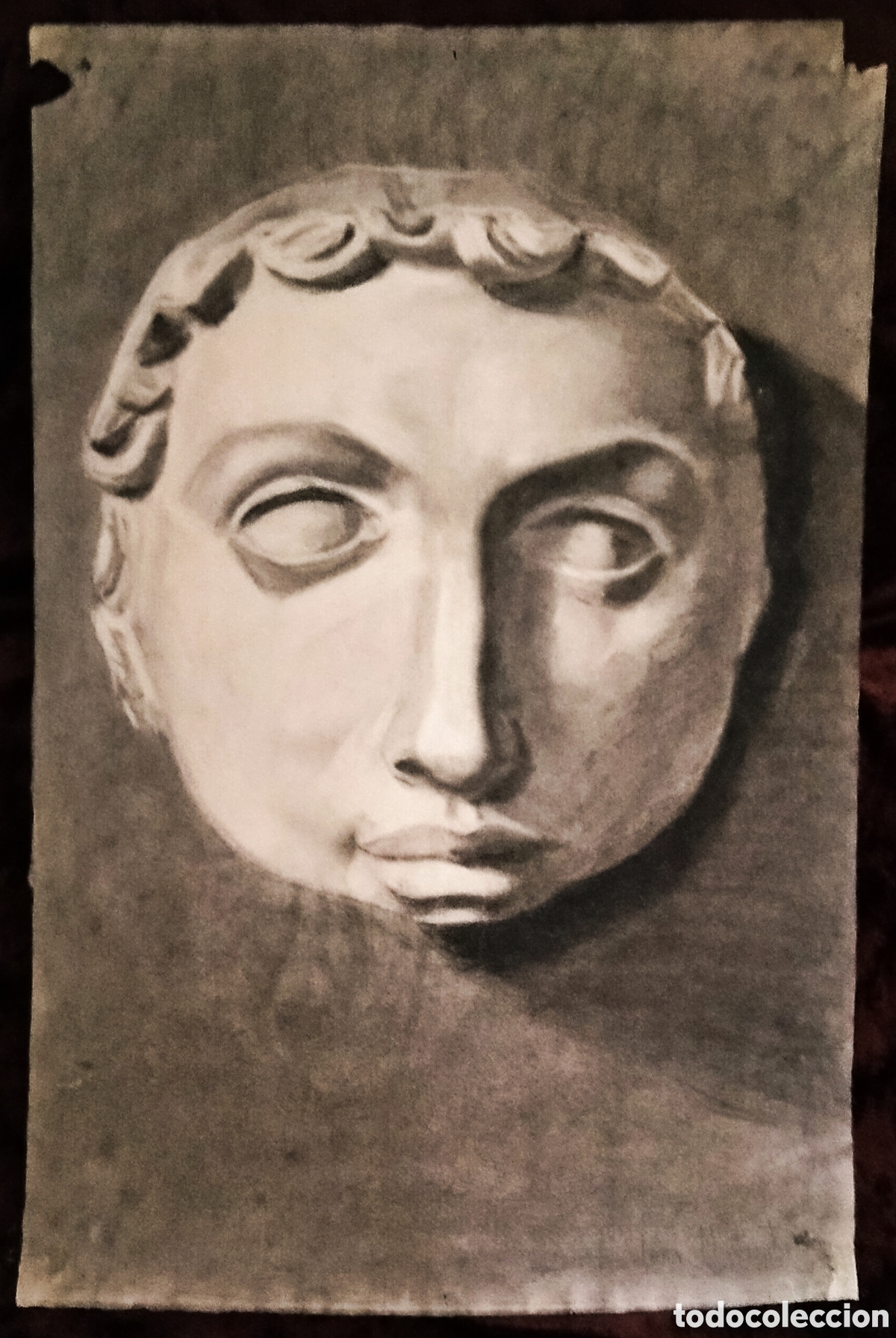 Arte: DIBUJO a CARBONCILLO / (REALISMO). * FRAGMENTO DE CARA DE ESTATUA *. FDO.: JUAN MART&Iacute;N T. (A&ntilde;os 50)