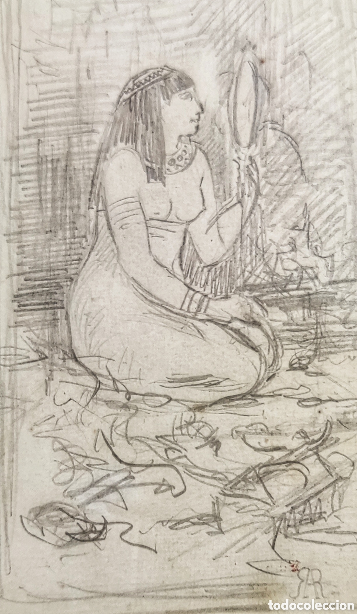 Arte: Ricardo Anckermann (1842-1907). Egipcia. Odalisca. Dibujo. L&aacute;piz. Original. Mallorca. Palma.