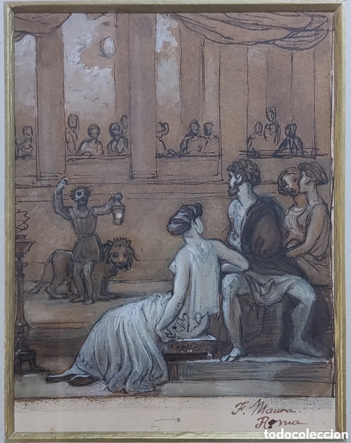 Arte: Francisco Maura (1857-1931). Escena Cl&aacute;sica. Dibujo. Original. Firmado. Mallorca. Roma. Ir&uacute;n.