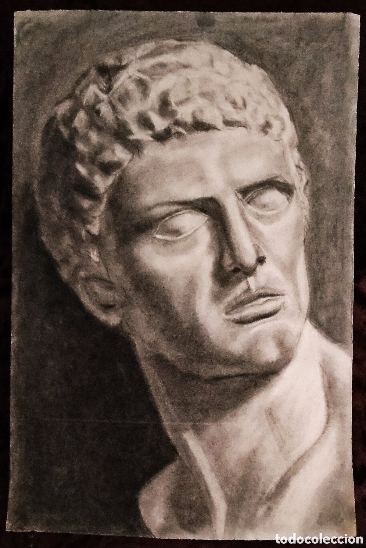 Arte: DIBUJO a CARBONCILLO / (REALISMO). * BUSTO DE HOMBRE ROMANO *. AUT.: JUAN MART&Iacute;N T. (A&ntilde;os 50)