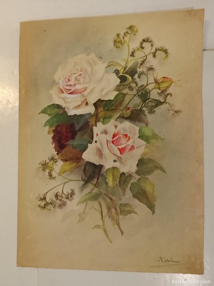 Arte: FLORES - DIBUJO ANTIGUO ORIGINAL PINTADO A MANO FIRMADO POR JUANITA CATALINA -VER FOTOS-(V-28.084)