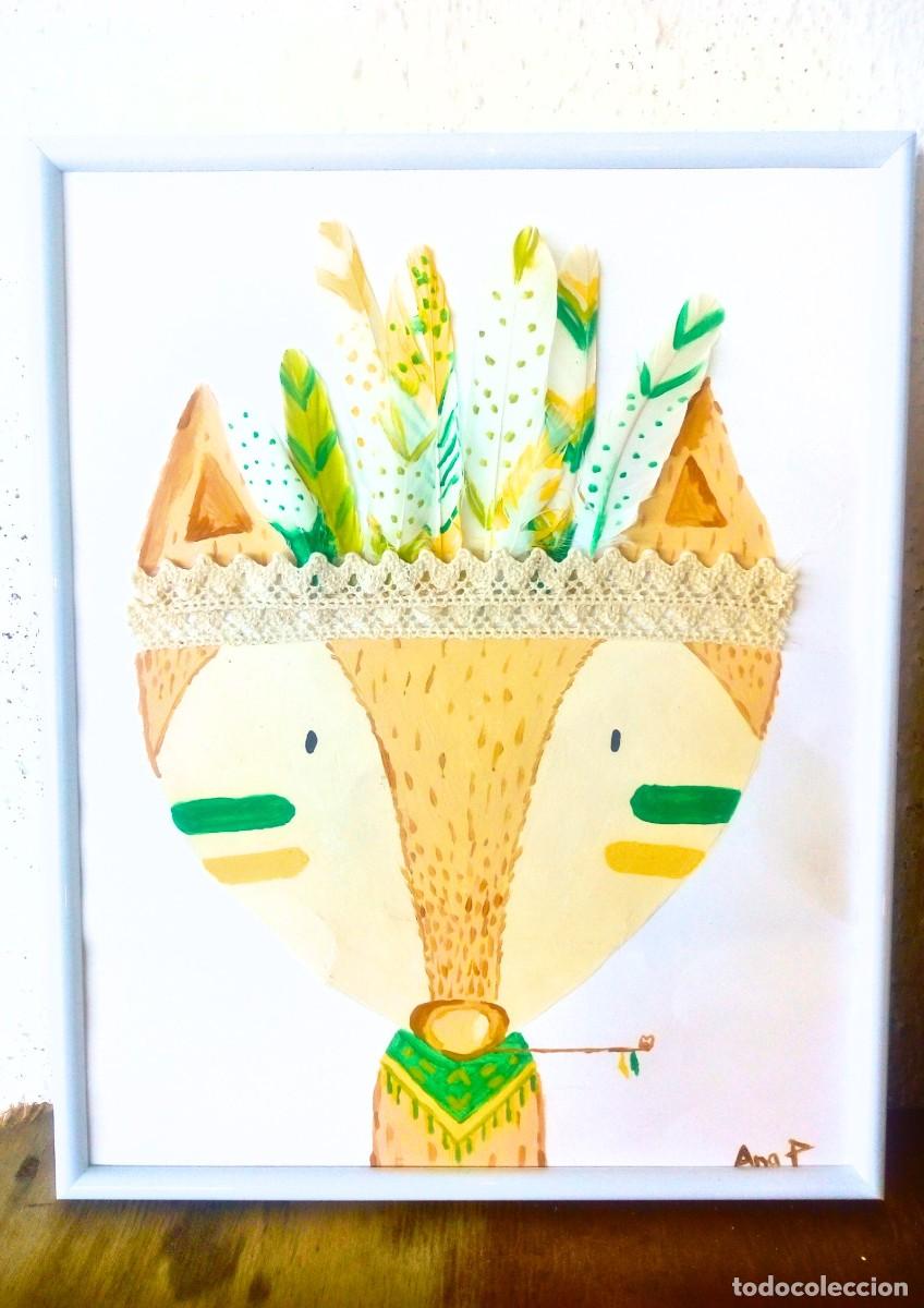Arte: Vania, l&aacute;mina pintada en acr&iacute;lico con plumas, dibujo infantil, cuadro infantil,l&aacute;mina infantil,zorro