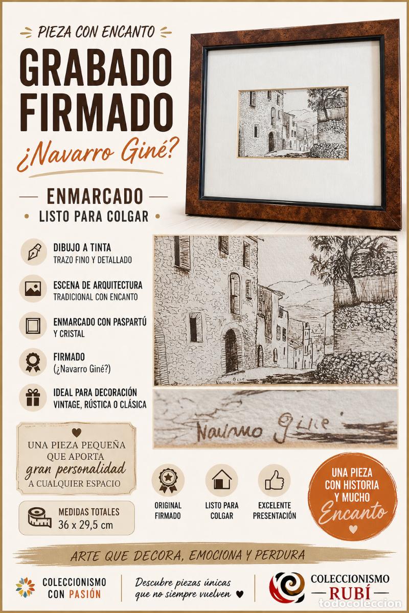 Arte: GRABADO / DIBUJO ORIGINAL FIRMADO &iquest;NAVARRO GIN&Eacute;? ENMARCADO &ndash; PIEZA DECORATIVA CON ENCANTO