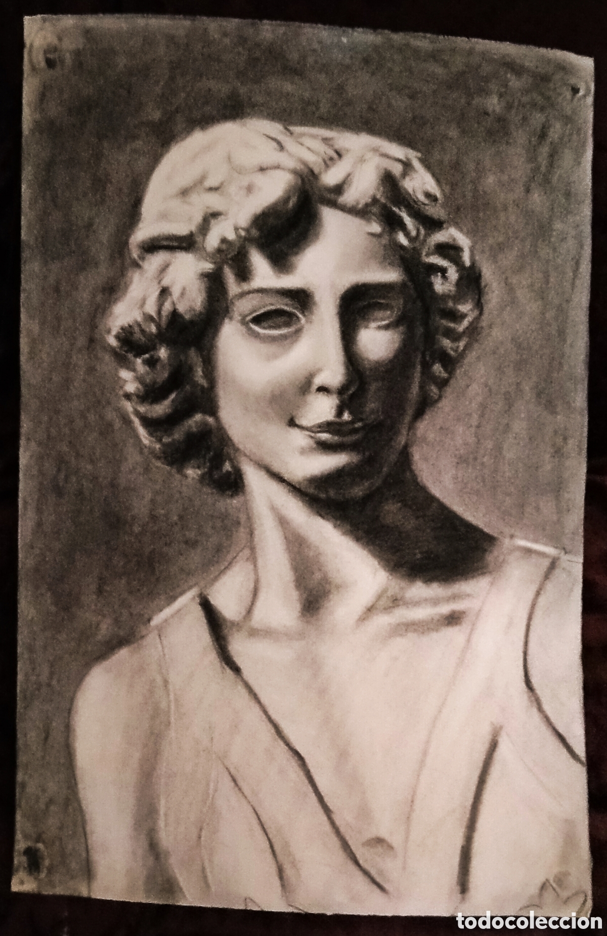 Arte: DIBUJO a CARBONCILLO / (REALISMO). * BUSTO FEMENINO *. AUT.: JUAN MART&Iacute;N T. (A&ntilde;os 50)