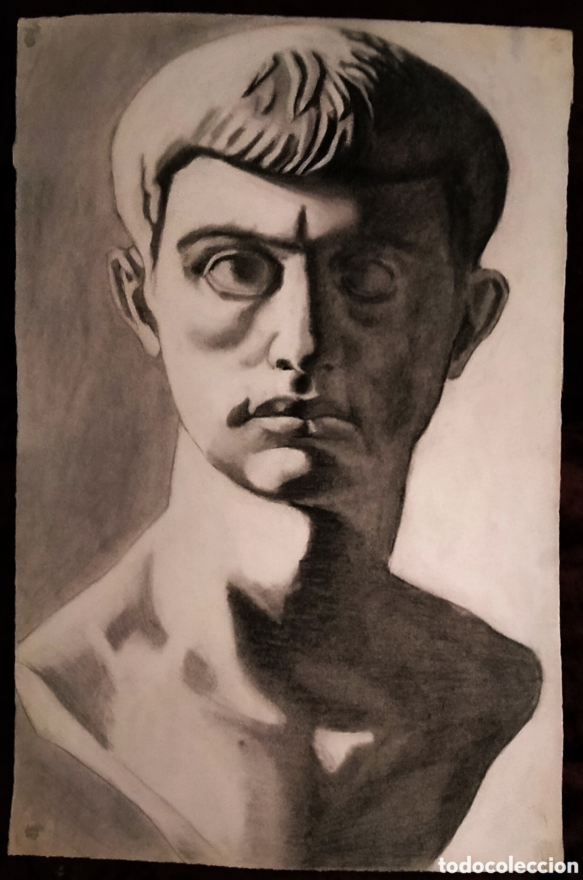 Arte: DIBUJO a CARBONCILLO / (REALISMO). * BUSTO DE HOMBRE ROMANO *. AUT.: JUAN MART&Iacute;N T. (A&ntilde;os 50)