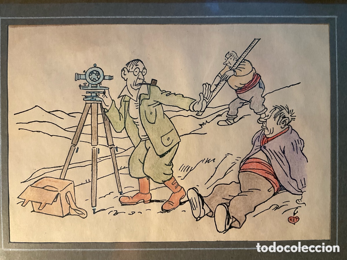 Arte: Dibujo original humor&iacute;stico de Gaiet&agrave; Cornet &ndash; Escena de top&oacute;grafos / caricatura catalana &ndash; Firmado