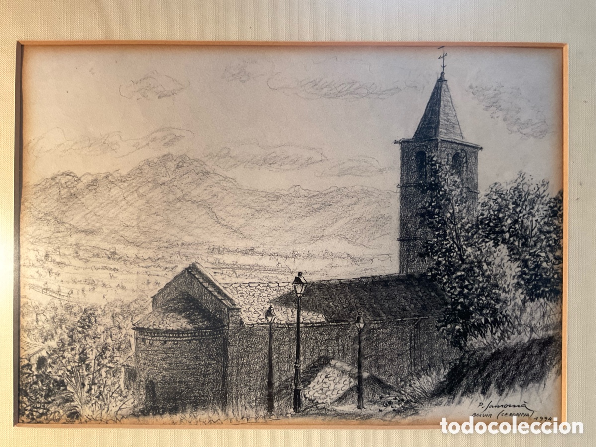Arte: Pere Sanrom&agrave; | Paisaje de Bolvir (Cerdanya), 1994 | Dibujo al carb&oacute;n firmado y enmarcado