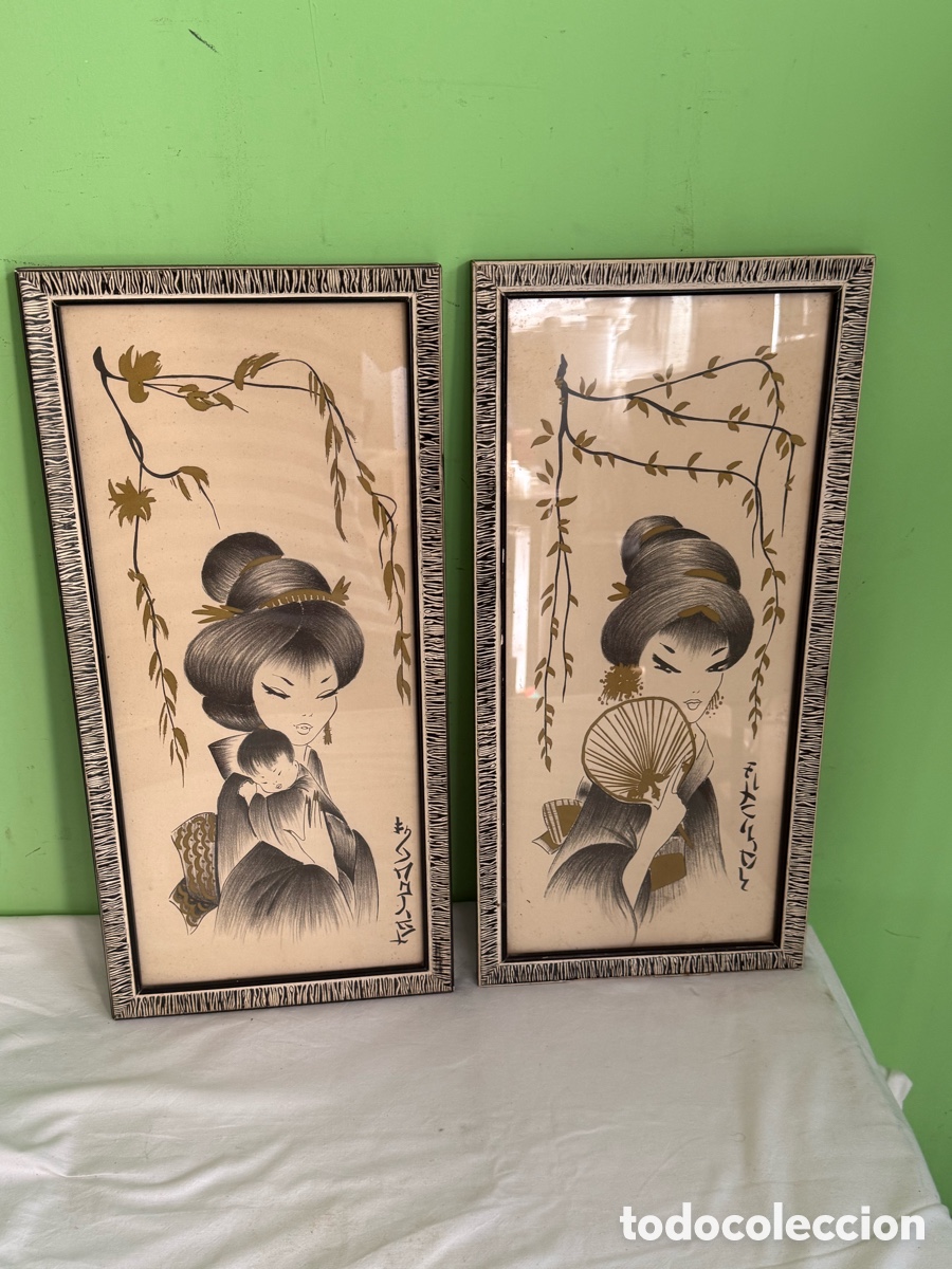Arte: Pareja Dibujos Japoneses Orientales Vintage Geishas Enmarcados