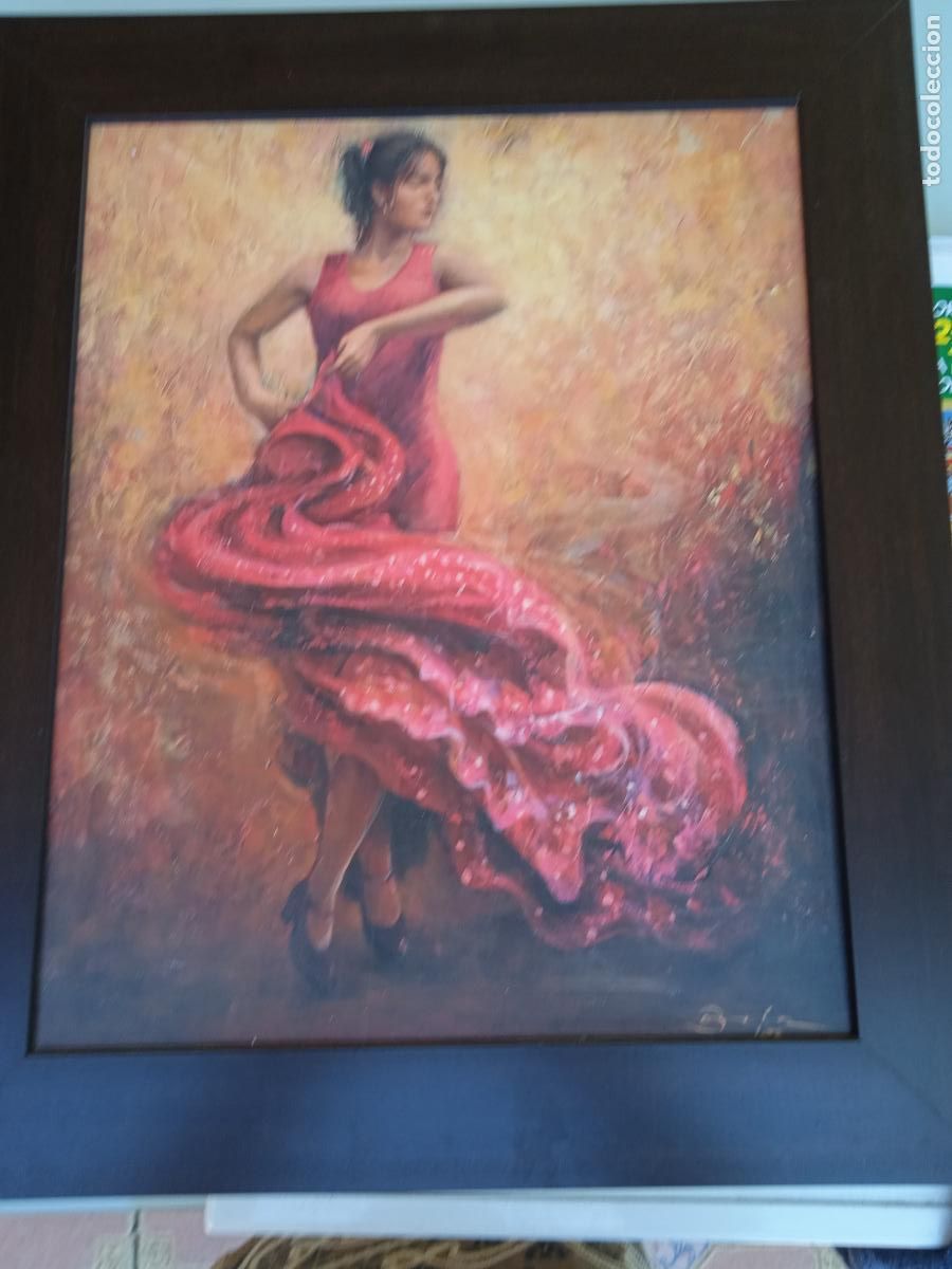 Arte: MUJER VESTIDA DE FLAMENCA BAILANDO-CUADRO PINTADO A MANO EN L&Aacute;MINA DE MADERA-CON MARCO-FIRMADO.