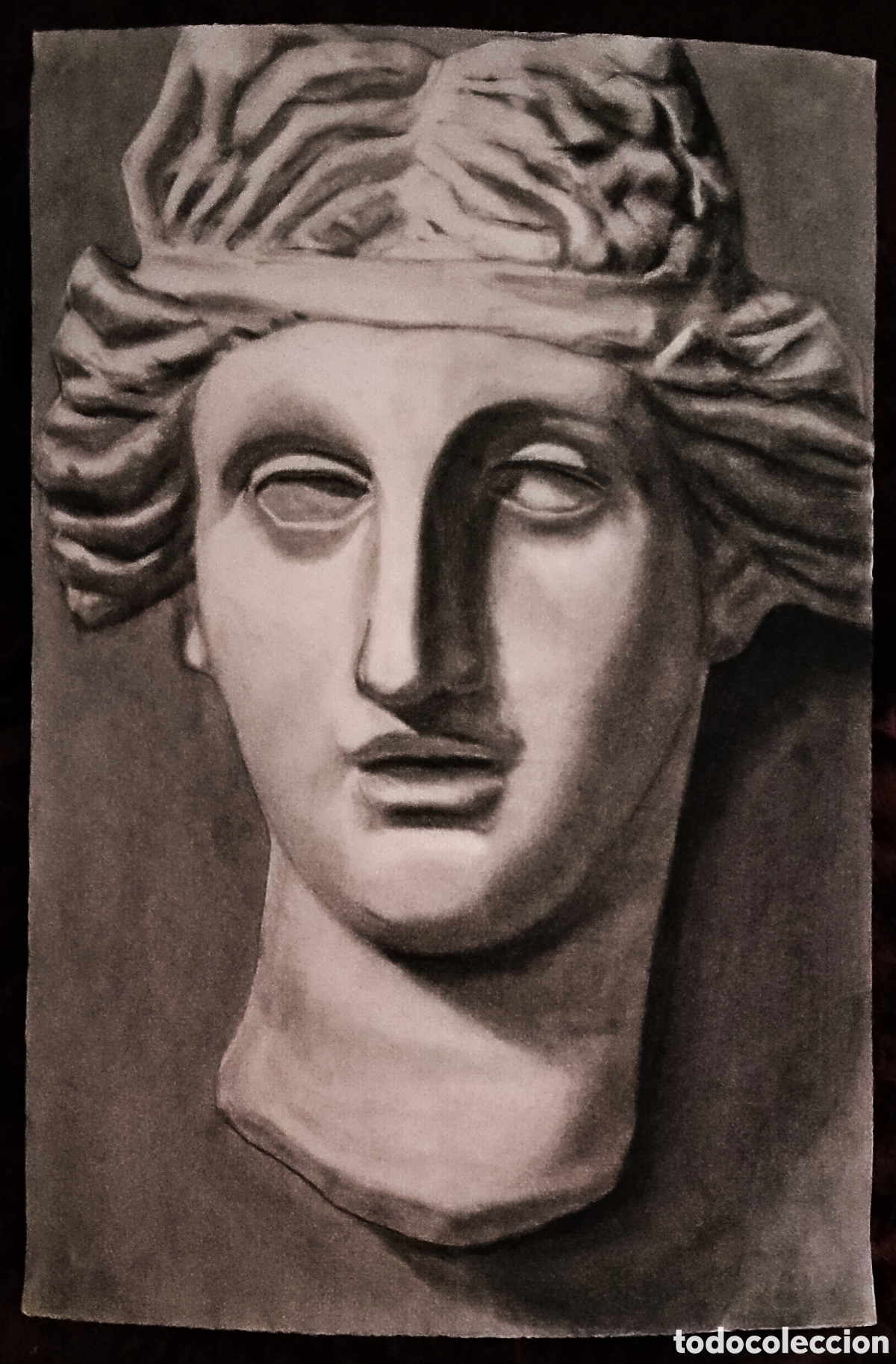 Arte: DIBUJO a CARBONCILLO / (REALISMO). * CARA DE ESTATUA *. AUT.: JUAN MART&Iacute;N T. (A&ntilde;os 50)