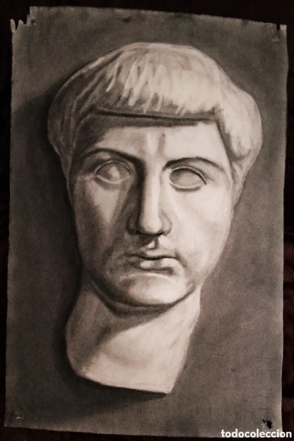Arte: DIBUJO a CARBONCILLO / (REALISMO). * CARA DE HOMBRE DE ESTATUA *. AUT.: JUAN MART&Iacute;N T. (A&ntilde;os 50)