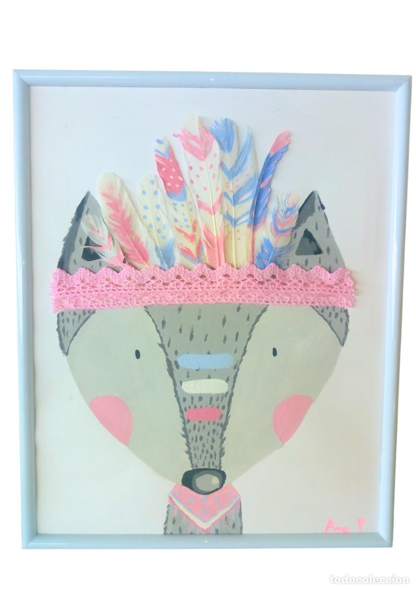 Arte: Eider, l&aacute;mina pintada en acr&iacute;lico con plumas, dibujo infantil, cuadro infantil,l&aacute;mina infantil,zorro