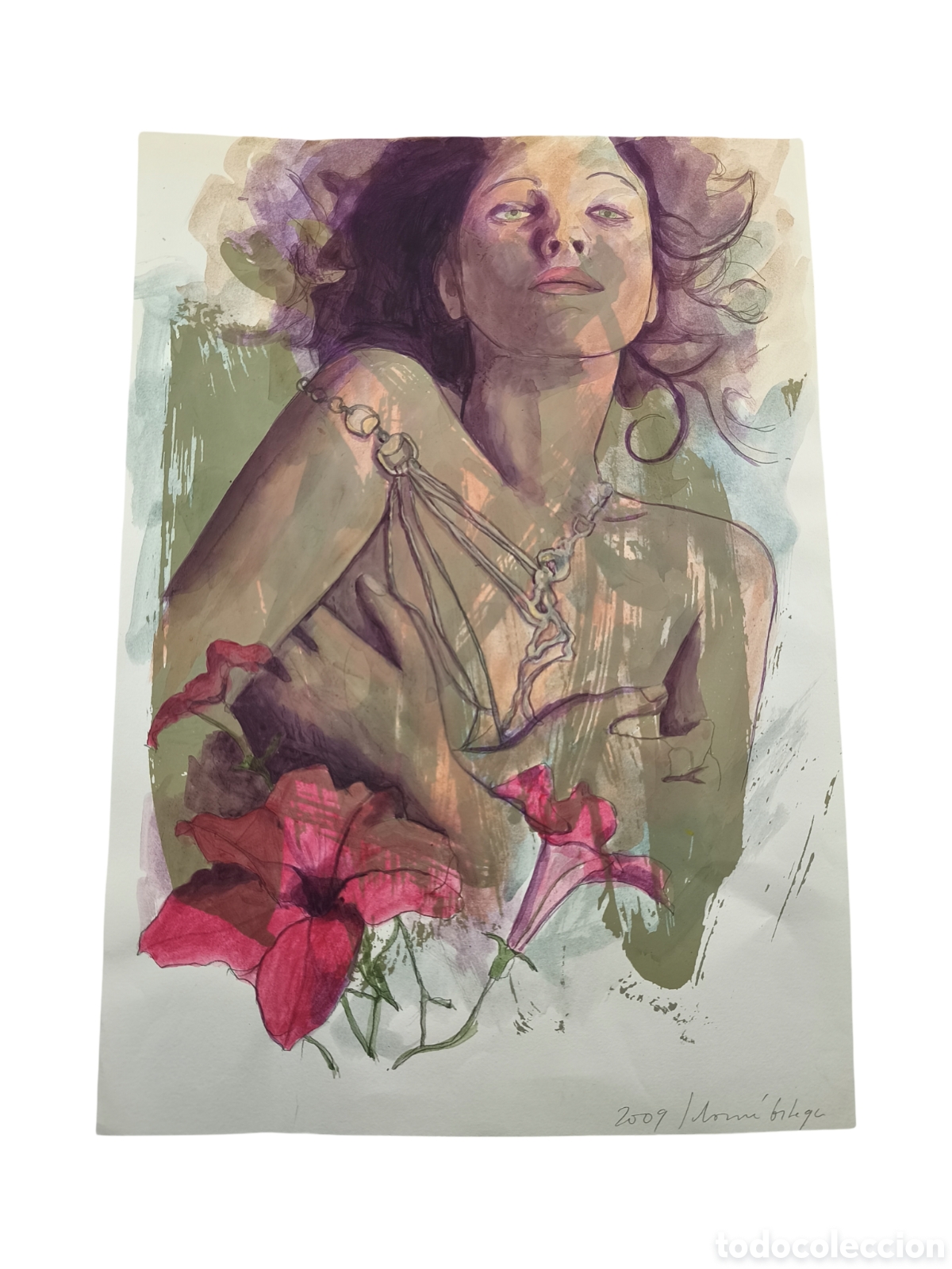 Arte: ATRACTIVO DIBUJO T&Eacute;CNICA MIXTA - RETRATO FEMENINO Y FLORES - FIRMADO 2009