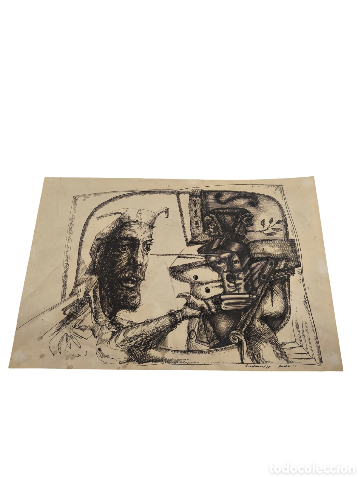 Arte: DIBUJO SURREALISTA A PLUMA - COMPOSICI&Oacute;N ON&Iacute;RICA - FIRMADO Y FECHADO 1978