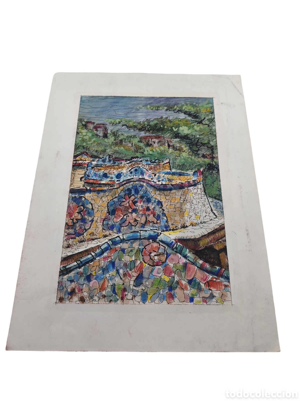 Arte: VISTA DEL PARK G&Uuml;ELL (BARCELONA) - ARQUITECTURA GAUDINIANA - T&Eacute;CNICA MIXTA - 32x21 CM