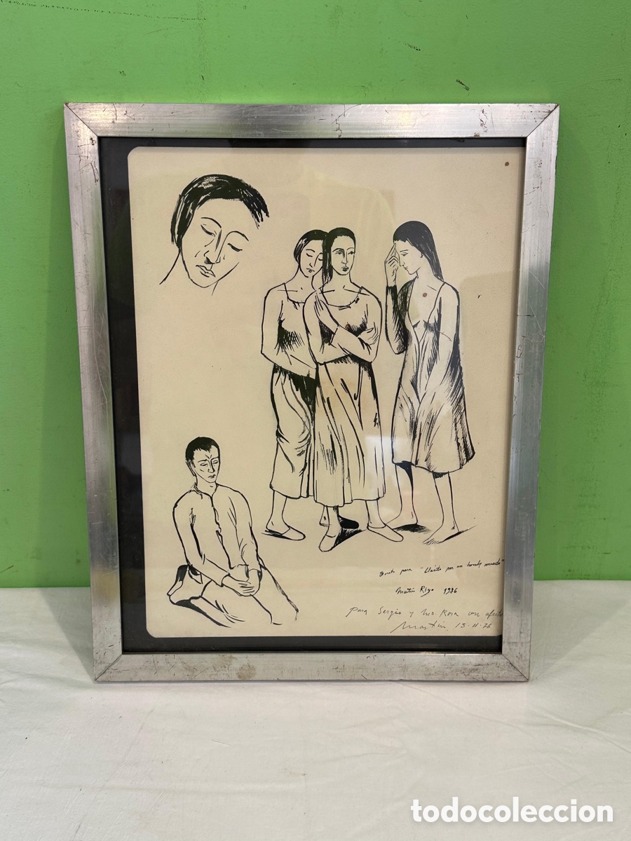 Arte: Dibujo original Mart&iacute;n Rigo 1976 boceto &ldquo;Llanto por un hombre muerto&rdquo; dedicado y firmado