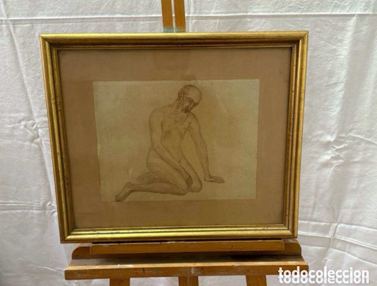 Arte: Mari&agrave; Pidelaserra i Brias (1877-1946) dibujo acad&eacute;mico masculino desnudo firmado 1935.