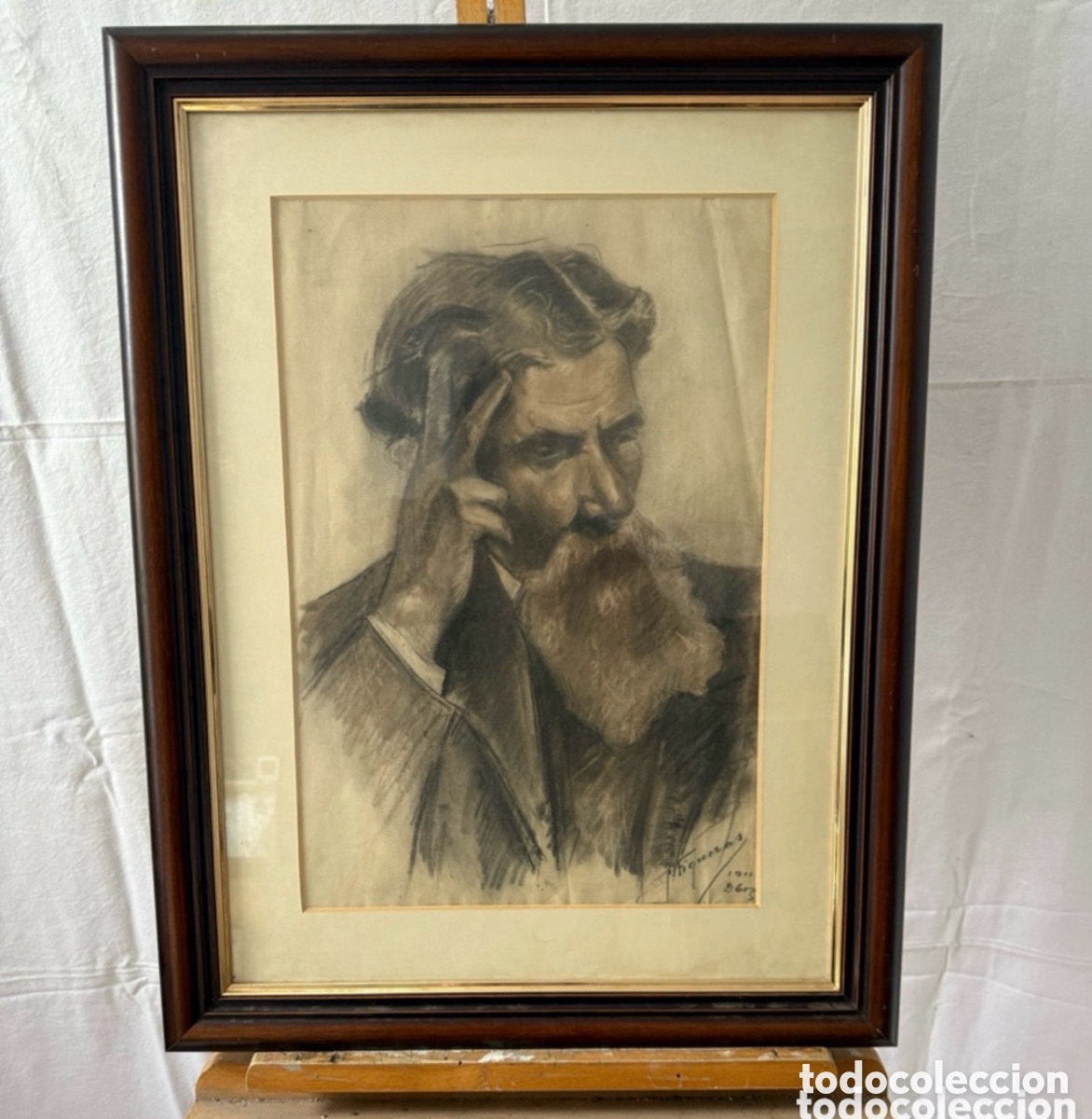 Arte: Retrato masculino firmado J. Figueras 1911 dibujo al carb&oacute;n escuela catalana