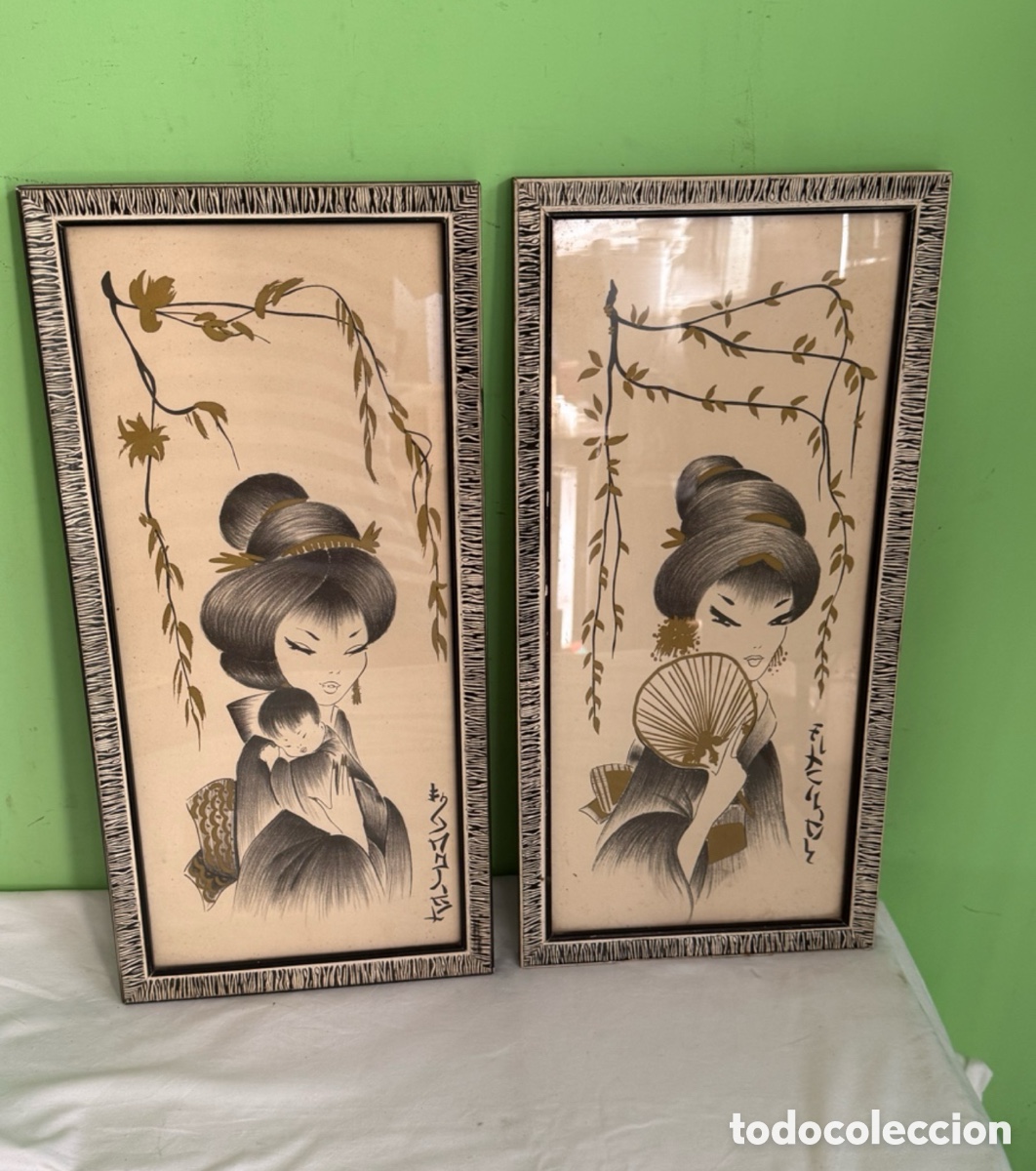 Arte: Pareja Dibujos Japoneses Orientales Vintage Geishas Enmarcados