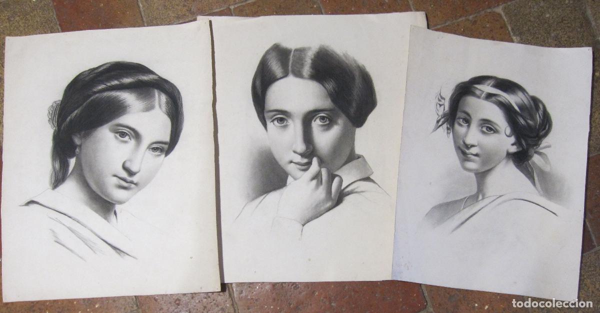 Arte: 3 DIBUJOS CARBONCILLO, ESCUELA FRANCESA O ESPA&Ntilde;OLA, SIGLO XIX. RETRATOS FEMENINOS. SIN FIRMAR