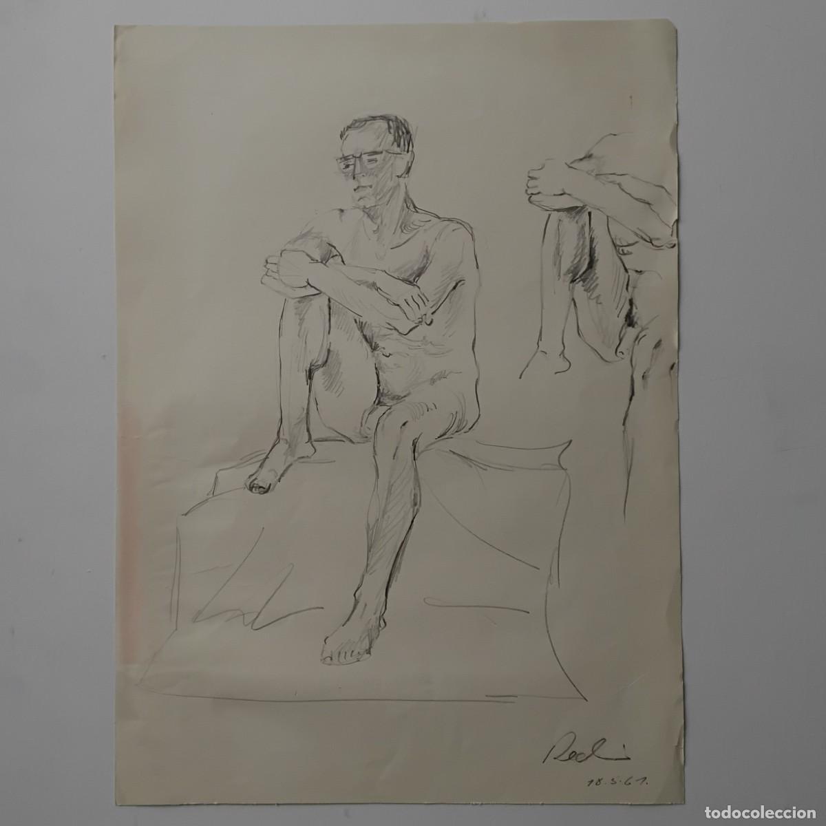 Arte: Desnudo masculino sentado, firmado de forma ilegible y fechado en 1961