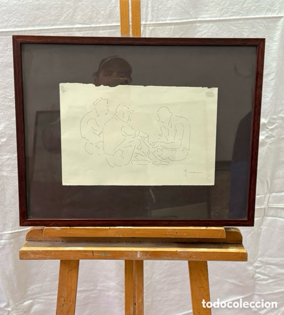 Art: Dibujo minimalista figuras tinta sobre papel firmado composici&oacute;n moderna enmarcado