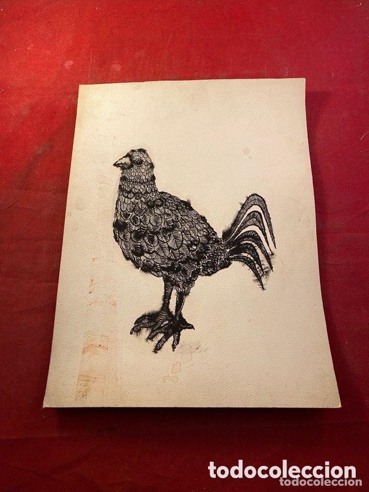 Arte: Ave decorativa. Dibujo gallina original en tinta sobre cartulina